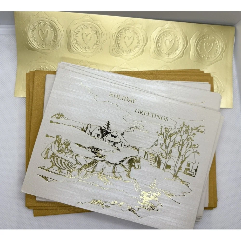 Vintage Craftmount Photo Frame Holiday Cards Gold Sleigh Gold Envelope Lot of 10